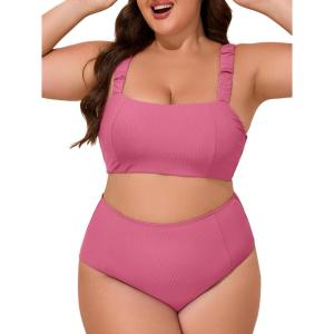 imageSummer Mae Ribbed Plus Size Swimsuit for Women Bikini Set Two Piece High Waist Bathing Suit Crop Top Tummy Control SwimwearBright Red