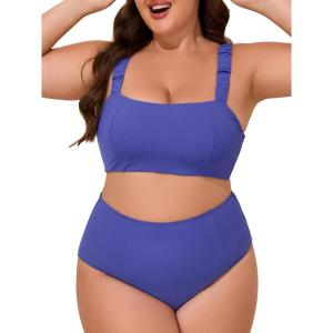 imageSummer Mae Ribbed Plus Size Swimsuit for Women Bikini Set Two Piece High Waist Bathing Suit Crop Top Tummy Control SwimwearDazzling Blue