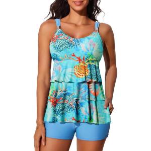 imageSummer Mae Womens Tankini Swimsuits with Shorts Ruffled Tummy Control Bathing Suits Modest 2025 SwimwearBlue Ocean