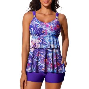 imageSummer Mae Womens Tankini Swimsuits with Shorts Ruffled Tummy Control Bathing Suits Modest 2025 SwimwearBluepurple Bouquet