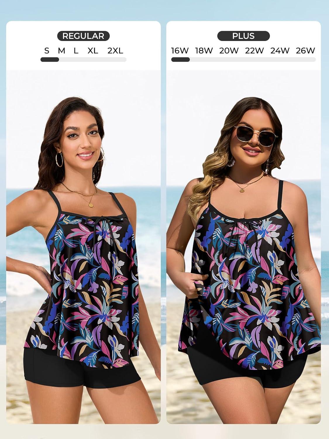 imageSummer Mae Plus Size Swimsuits for Women Two Piece Tankini Sets Tummy Control Bathing Suit Swimwear with ShortsColorful Colors