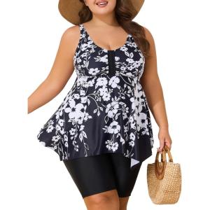 imageSummer Mae Plus Size Swimsuit Tankini for Women Two Piece Bathing Suit Flowy 2025 Rash Guard Swimwear with Capris ShortsBlack White Flowers