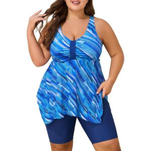 imageSummer Mae Plus Size Swimsuit Tankini for Women Two Piece Bathing Suit Flowy 2025 Rash Guard Swimwear with Capris ShortsBlue Ocean Ripple