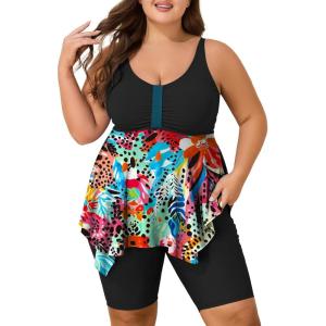 imageSummer Mae Plus Size Swimsuit Tankini for Women Two Piece Bathing Suit Flowy 2025 Rash Guard Swimwear with Capris ShortsFlower Rhyme