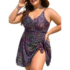 imageSummer Mae Plus Size Swimsuit for Women One Piece Swim Dress Tummy Control Bathing Suit with Flowy Skirt Modest SwimwearGradient Starry Sky