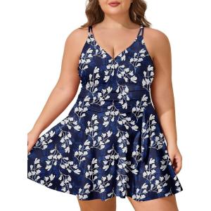 imageSummer Mae Plus Size Swimsuit for Women One Piece Swim Dress Tummy Control Bathing Suit with Flowy Skirt Modest SwimwearPurple Leaf