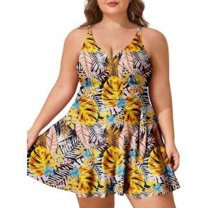 imageSummer Mae Plus Size Swimsuit for Women One Piece Swim Dress Tummy Control Bathing Suit with Flowy Skirt Modest SwimwearYellow Leaves