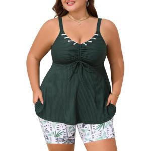 imageSummer Mae Plus Size Swimsuit for Women Tankini Two Piece Bathing Suit with Capris Pockets Short High Waist SwimwearCoconut Tree