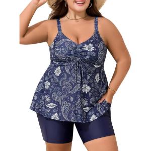 imageSummer Mae Plus Size Swimsuit for Women Tankini Two Piece Bathing Suit with Capris Pockets Short High Waist SwimwearDeep Sea Floral