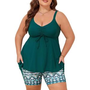 imageSummer Mae Plus Size Swimsuit for Women Tankini Two Piece Bathing Suit with Capris Pockets Short High Waist SwimwearGreen Floral Print