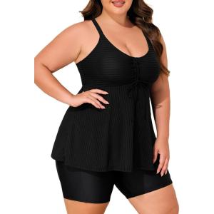 imageSummer Mae Plus Size Swimsuit for Women Tankini Two Piece Bathing Suit with Capris Pockets Short High Waist SwimwearRibbed Black