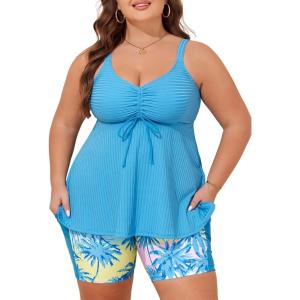 imageSummer Mae Plus Size Swimsuit for Women Tankini Two Piece Bathing Suit with Capris Pockets Short High Waist SwimwearRibbed Coconut Tree