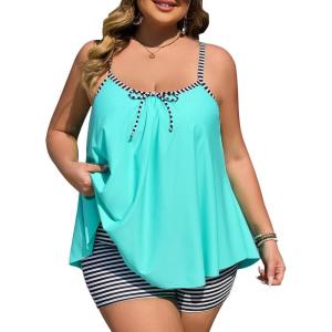 imageSummer Mae Plus Size Swimsuits for Women Two Piece Tankini Sets Tummy Control Bathing Suit Swimwear with ShortsBlack and White Stripes