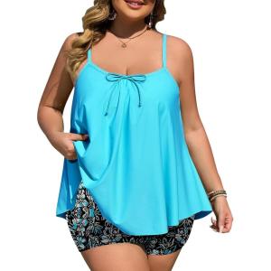 imageSummer Mae Plus Size Swimsuits for Women Two Piece Tankini Sets Tummy Control Bathing Suit Swimwear with ShortsBlue Black Brush Flower