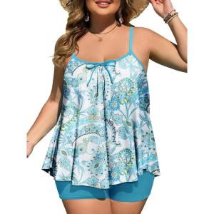 imageSummer Mae Plus Size Swimsuits for Women Two Piece Tankini Sets Tummy Control Bathing Suit Swimwear with ShortsBright Blue Paisley
