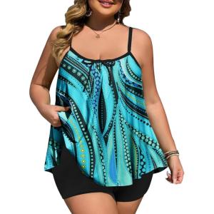 imageSummer Mae Plus Size Swimsuits for Women Two Piece Tankini Sets Tummy Control Bathing Suit Swimwear with ShortsFlowing Water Pattern