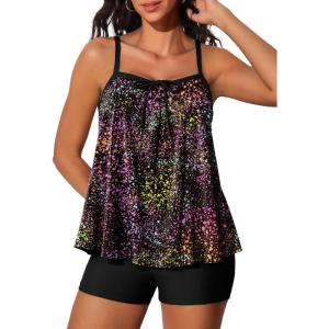 imageSummer Mae Plus Size Swimsuits for Women Two Piece Tankini Sets Tummy Control Bathing Suit Swimwear with ShortsGradient Starry Sky