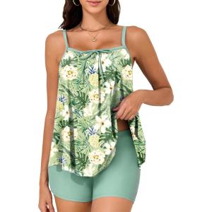 imageSummer Mae Plus Size Swimsuits for Women Two Piece Tankini Sets Tummy Control Bathing Suit Swimwear with ShortsGreen Tropical Plant