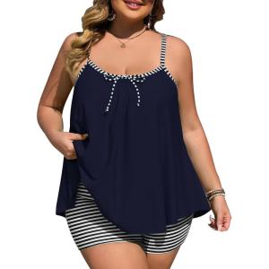 imageSummer Mae Plus Size Swimsuits for Women Two Piece Tankini Sets Tummy Control Bathing Suit Swimwear with ShortsNavy Blue Stripe