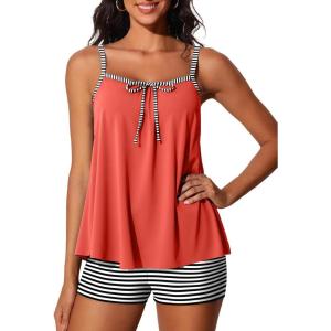 imageSummer Mae Plus Size Swimsuits for Women Two Piece Tankini Sets Tummy Control Bathing Suit Swimwear with ShortsOrange Pink Stripe