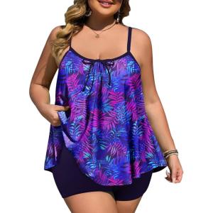 imageSummer Mae Plus Size Swimsuits for Women Two Piece Tankini Sets Tummy Control Bathing Suit Swimwear with ShortsPurple Orchid Leaf