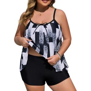 imageSummer Mae Plus Size Swimsuits for Women Two Piece Tankini Sets Tummy Control Bathing Suit Swimwear with ShortsRectangular Checkerboard Pattern