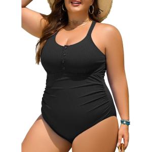 imageSummer Mae Ribbed Plus Size Swimsuit Women One Piece Button up Tummy Control Bathing Suit Retro 2025 SwimwearBlack