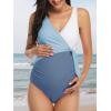 imageSummer Mae Maternity Swimsuit One Piece Tie Front Bathing Suit V Neck Pregnancy Swimwear High CutBaby Blue White