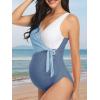imageSummer Mae Maternity Swimsuit One Piece Tie Front Bathing Suit V Neck Pregnancy Swimwear High CutBaby Blue White