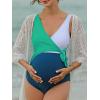imageSummer Mae Maternity Swimsuit One Piece Tie Front Bathing Suit V Neck Pregnancy Swimwear High CutGreen Blue