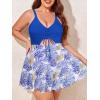 imageSummer Mae Womens Plus Size One Piece Swim Dress Floral Cutout Swimsuits VNeck Bathing Suit with SkirtBlue Leaves