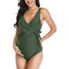 imageSummer Mae Maternity Swimsuit One Piece Tie Front Bathing Suit V Neck Pregnancy Swimwear High CutGreen