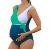 imageSummer Mae Maternity Swimsuit One Piece Tie Front Bathing Suit V Neck Pregnancy Swimwear High CutGreen Blue