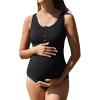 imageSummer Mae Womens Maternity Tummy Control Swimsuit Ribbed One Piece Bathing Suit Button Neck Swimwear Black Large