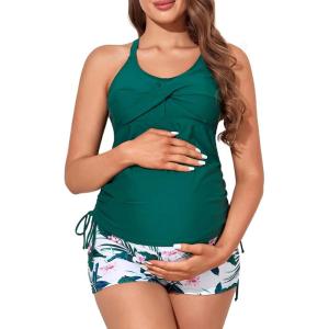 imageMiYang Maternity Tankini Swimsuit Criss Cross Back Bathing Suit Ruched Tie Side Pregnancy Swimwear Two PieceBeige Soft Hibiscus