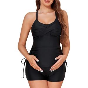 imageMiYang Maternity Tankini Swimsuit Criss Cross Back Bathing Suit Ruched Tie Side Pregnancy Swimwear Two PieceBlack