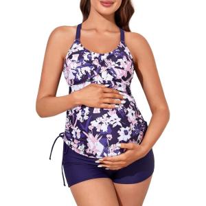 imageMiYang Maternity Tankini Swimsuit Criss Cross Back Bathing Suit Ruched Tie Side Pregnancy Swimwear Two PieceBlue Bouquet