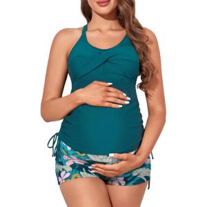 imageMiYang Maternity Tankini Swimsuit Criss Cross Back Bathing Suit Ruched Tie Side Pregnancy Swimwear Two PieceForest Flower Blossoms