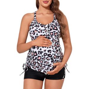 imageMiYang Maternity Tankini Swimsuit Criss Cross Back Bathing Suit Ruched Tie Side Pregnancy Swimwear Two PieceLeopard