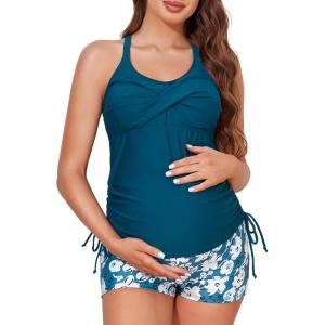 imageMiYang Maternity Tankini Swimsuit Criss Cross Back Bathing Suit Ruched Tie Side Pregnancy Swimwear Two PieceWaterborne Blooms