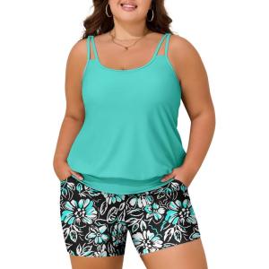 imageSummer Mae Blouson Plus Size Womens Tankini Swimsuits Tummy Control Modest 2025 Two Piece with Sporty Pockets Bathing SuitsBlack Background Floral