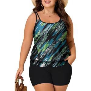 imageSummer Mae Blouson Plus Size Womens Tankini Swimsuits Tummy Control Modest 2025 Two Piece with Sporty Pockets Bathing SuitsGreen Leopard