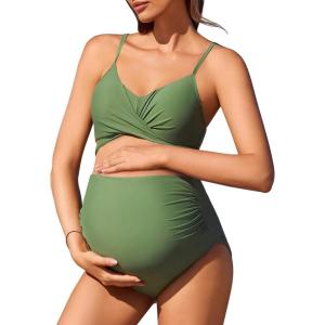 imageSummer Mae Maternity Criss Cross Bikini Swimsuits High Waist String Floral Bathing Suit Two Piece Pregnancy SwimwearArmy Green