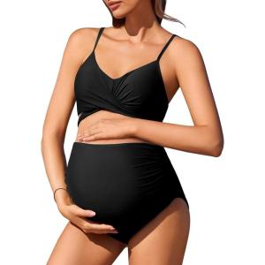 imageSummer Mae Maternity Criss Cross Bikini Swimsuits High Waist String Floral Bathing Suit Two Piece Pregnancy SwimwearBlack