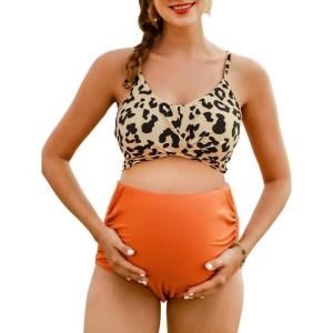 imageSummer Mae Maternity Criss Cross Bikini Swimsuits High Waist String Floral Bathing Suit Two Piece Pregnancy SwimwearOrange Leopard