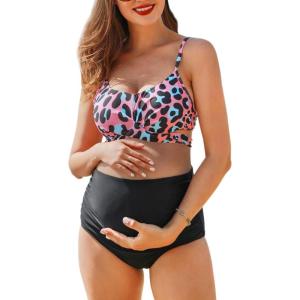 imageSummer Mae Maternity Criss Cross Bikini Swimsuits High Waist String Floral Bathing Suit Two Piece Pregnancy SwimwearPink Leopard