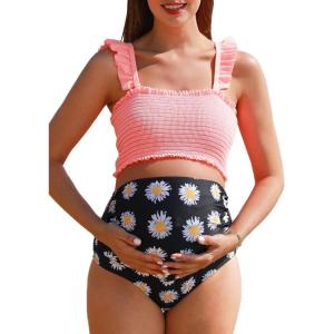 imageSummer Mae Maternity High Waist Bikini Swimsuit Two Piece Ruffled Hem Cute Bathing Suit Floral Pregnancy SwimwearPink Daisy