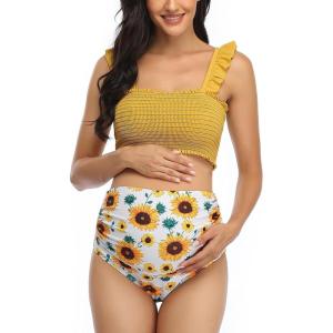 imageSummer Mae Maternity High Waist Bikini Swimsuit Two Piece Ruffled Hem Cute Bathing Suit Floral Pregnancy SwimwearYellow