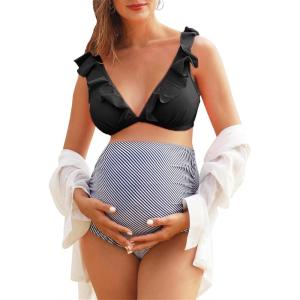 imageSummer Mae Maternity High Waist Swimsuit Two Piece Ruffle Bikini Bathing Suit Floral VNeck Pregnancy SwimwearBlack White Stripe