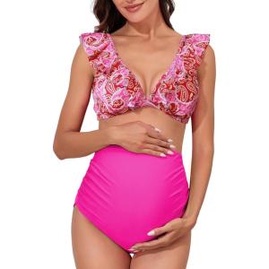 imageSummer Mae Maternity High Waist Swimsuit Two Piece Ruffle Bikini Bathing Suit Floral VNeck Pregnancy SwimwearComplementary Paisley